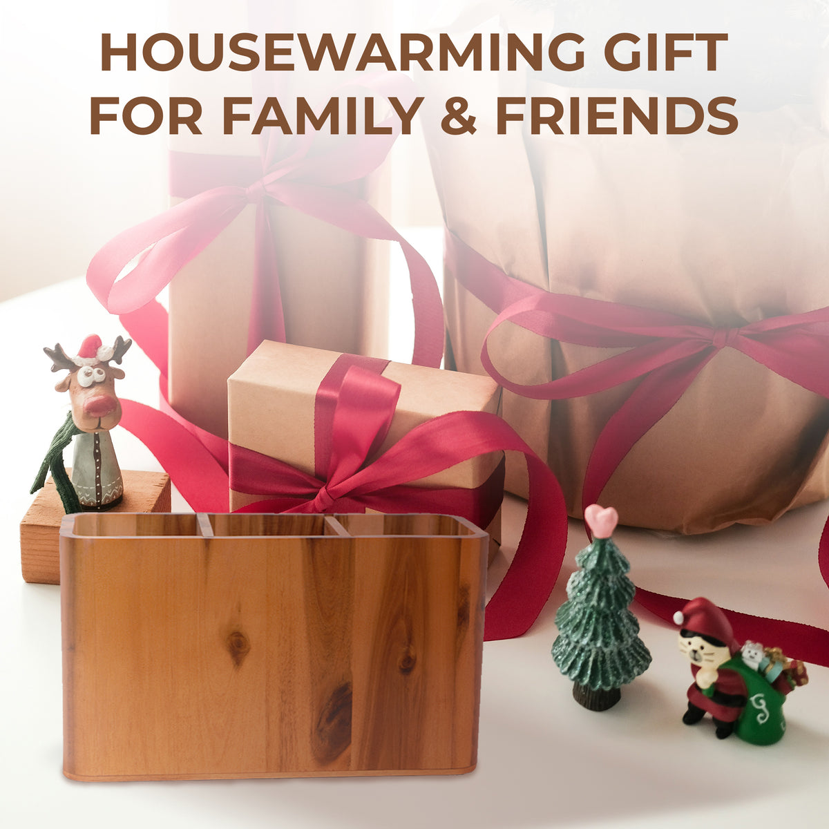 Solid Wood Kitchen Utensil Holder - Farmhouse Countertop Cooking Tool Caddy