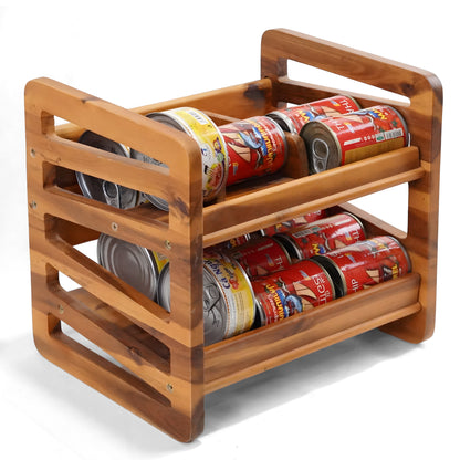 Rolling Can Organizer Rack - Solid Wood Gravity Feed Beverage Dispenser