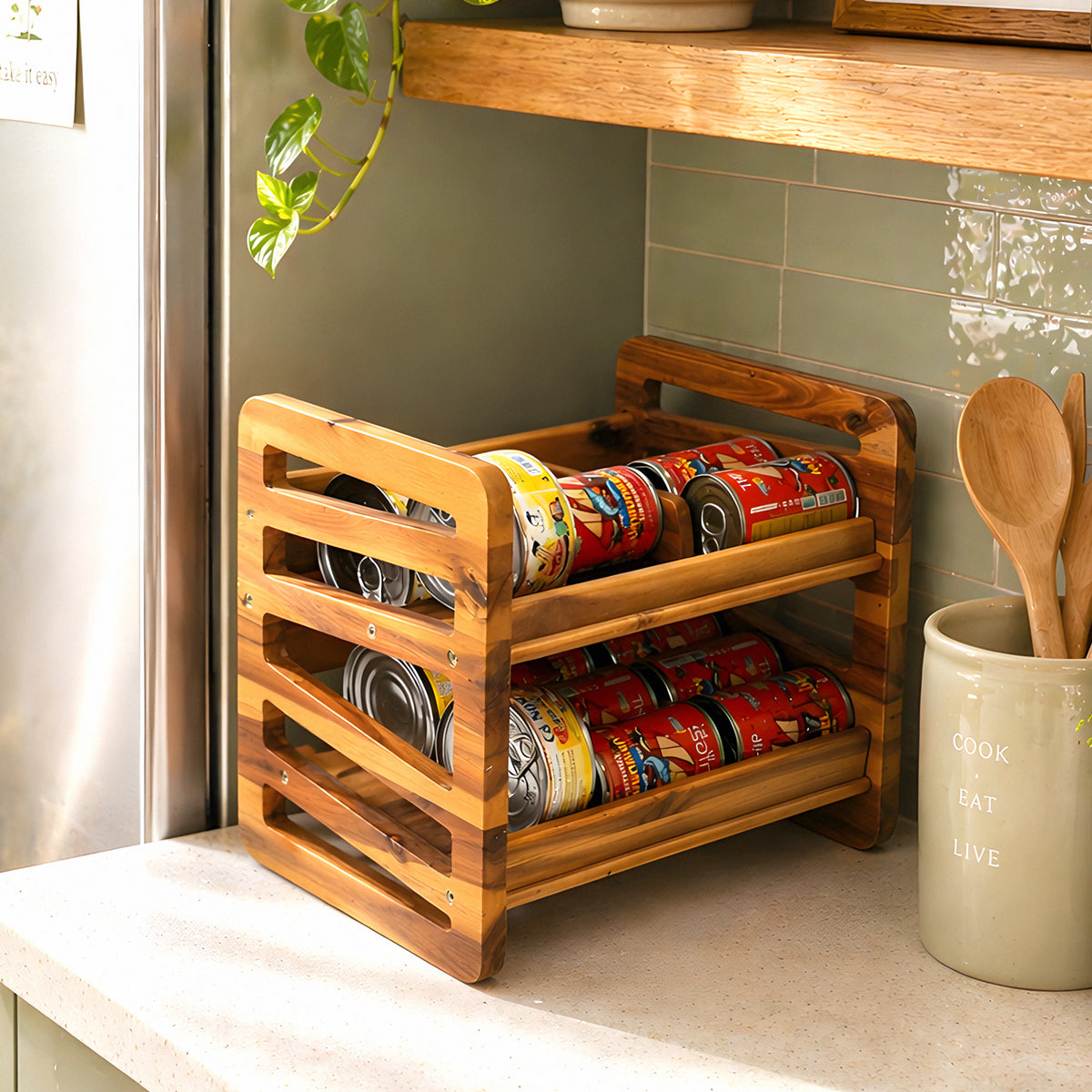 Rolling Can Organizer Rack - Solid Wood Gravity Feed Beverage Dispenser