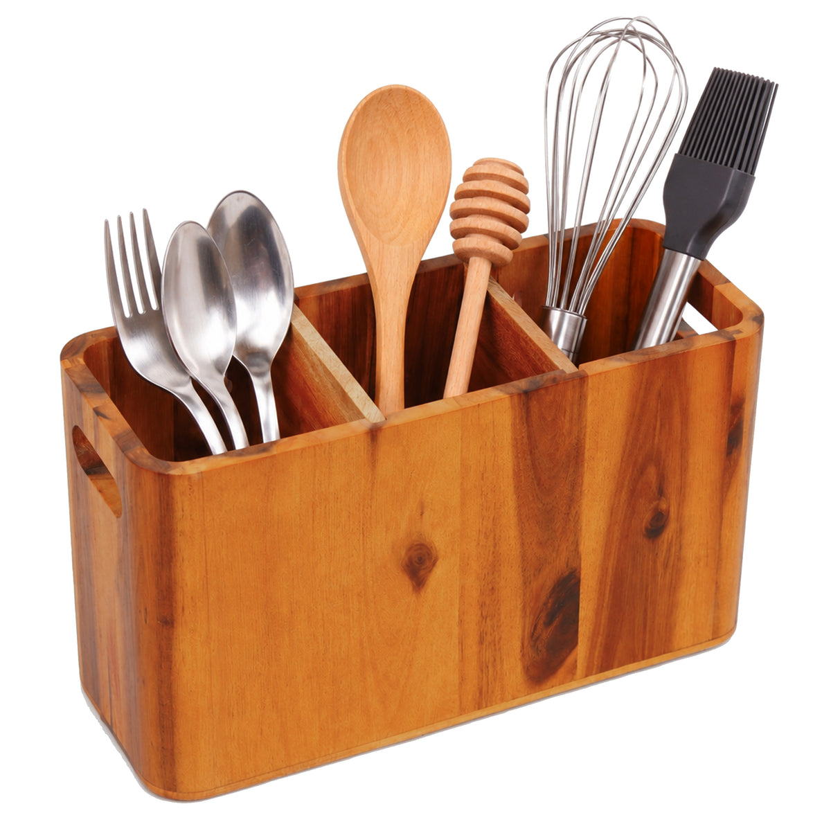 Solid Wood Kitchen Utensil Holder - Farmhouse Countertop Cooking Tool Caddy