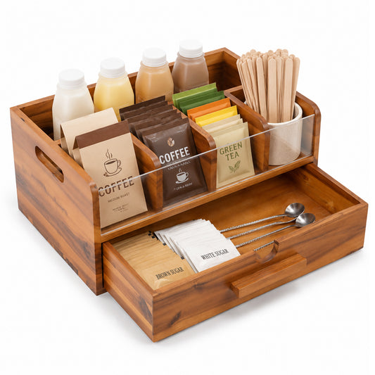 Rustic Wooden Coffee Bar Organizer - Countertop Coffee Station & Pod Caddy