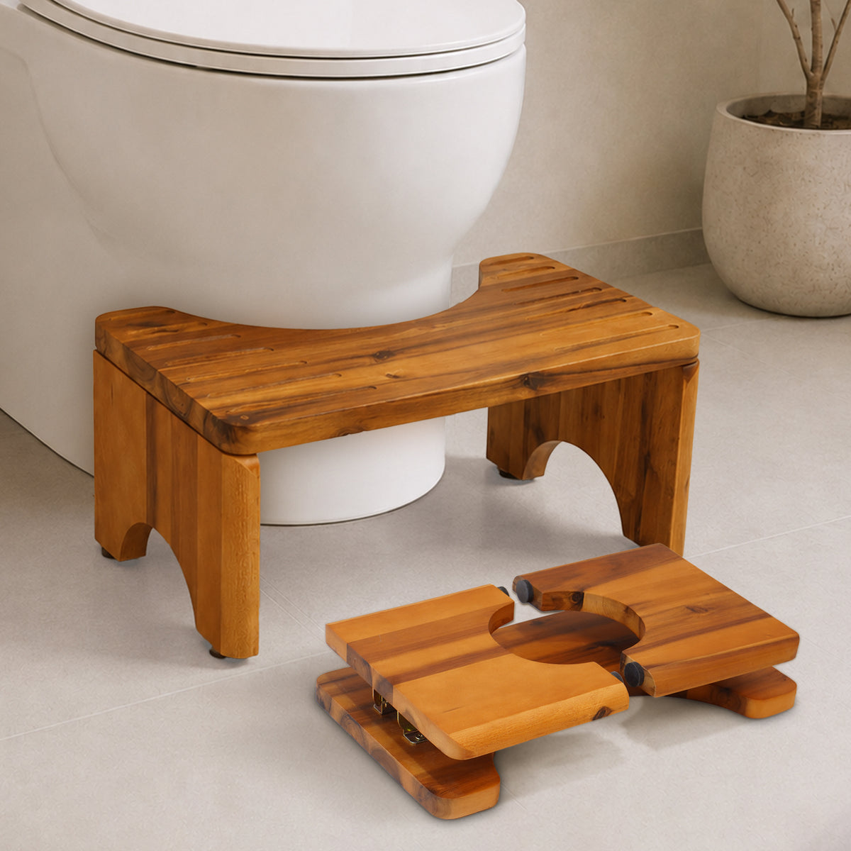 Foldable Wooden Toilet Stool - Ergonomic 35-Degree Squat Stool for Bathroom