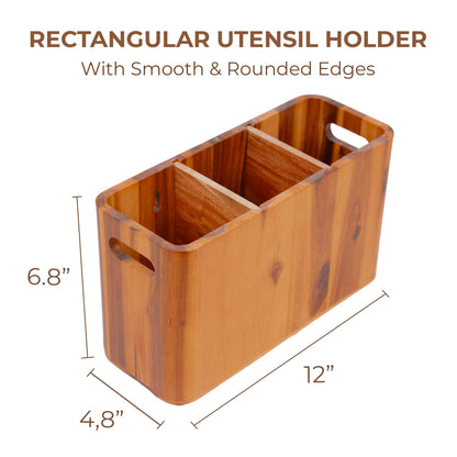 Solid Wood Kitchen Utensil Holder - Farmhouse Countertop Cooking Tool Caddy