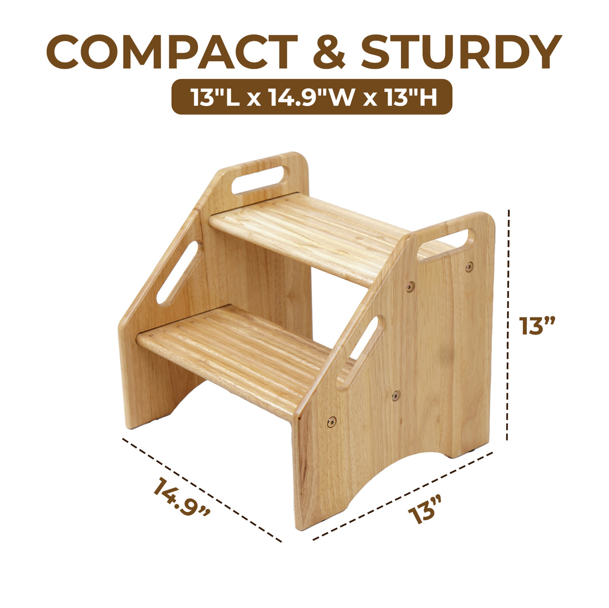 2-Tier Wooden Step Stool - Solid Hardwood Dual Height Stool for Kids & Adults (Holds up to 300 lbs)