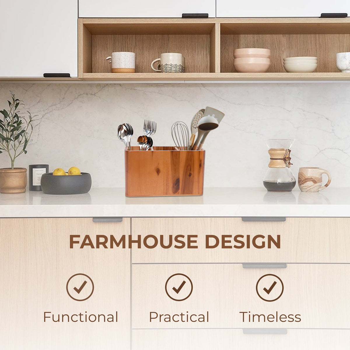 Solid Wood Kitchen Utensil Holder - Farmhouse Countertop Cooking Tool Caddy