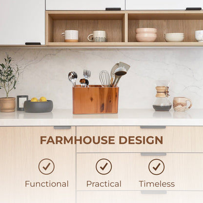 Solid Wood Kitchen Utensil Holder - Farmhouse Countertop Cooking Tool Caddy