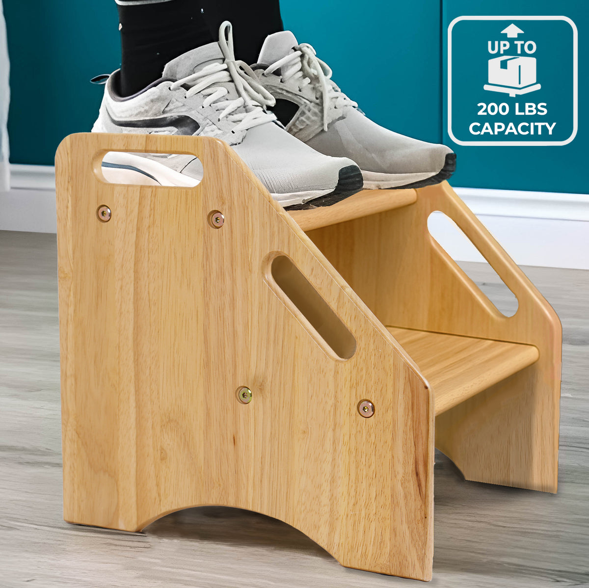 2-Tier Wooden Step Stool - Solid Hardwood Dual Height Stool for Kids & Adults (Holds up to 300 lbs)