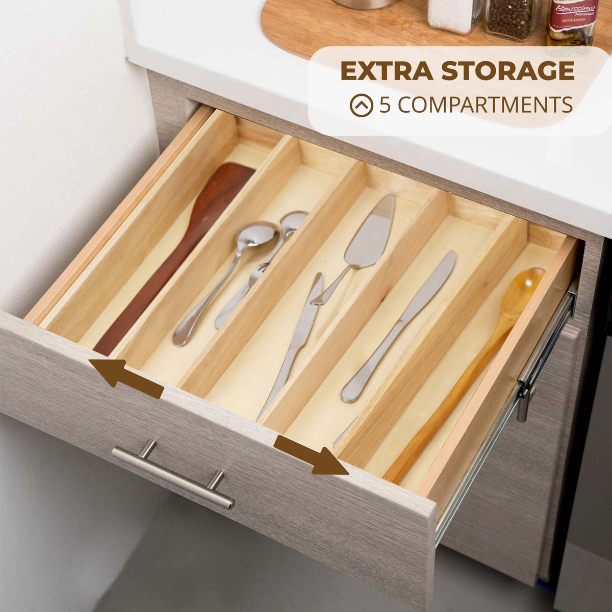 Solid Wood Utensil Drawer Organizer Tray - Multi-Compartment Cutlery & Silverware Divider