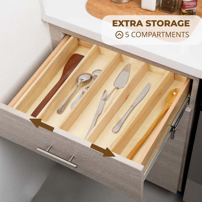 Solid Wood Utensil Drawer Organizer Tray - Multi-Compartment Cutlery & Silverware Divider