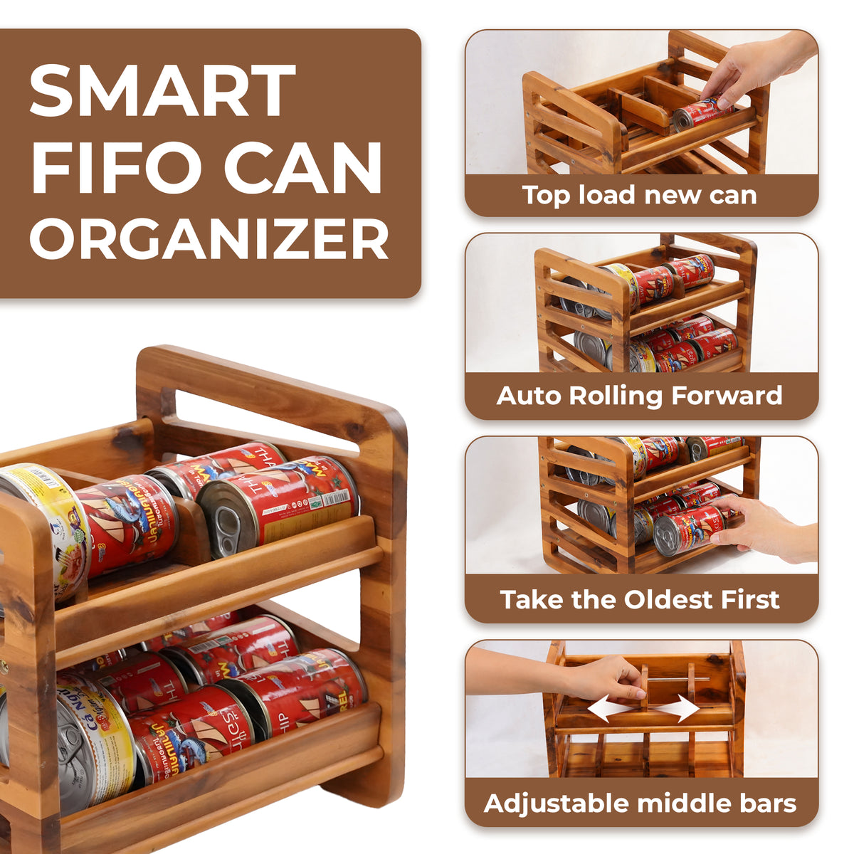 Rolling Can Organizer Rack - Solid Wood Gravity Feed Beverage Dispenser