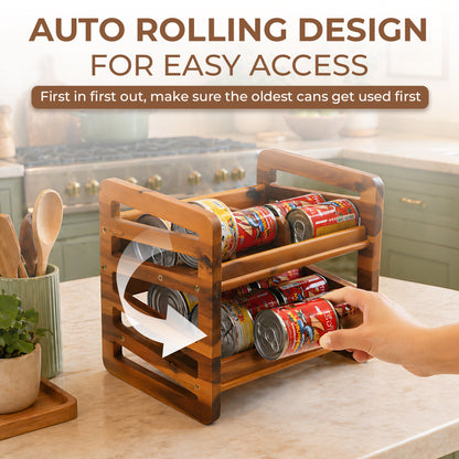 Rolling Can Organizer Rack - Solid Wood Gravity Feed Beverage Dispenser