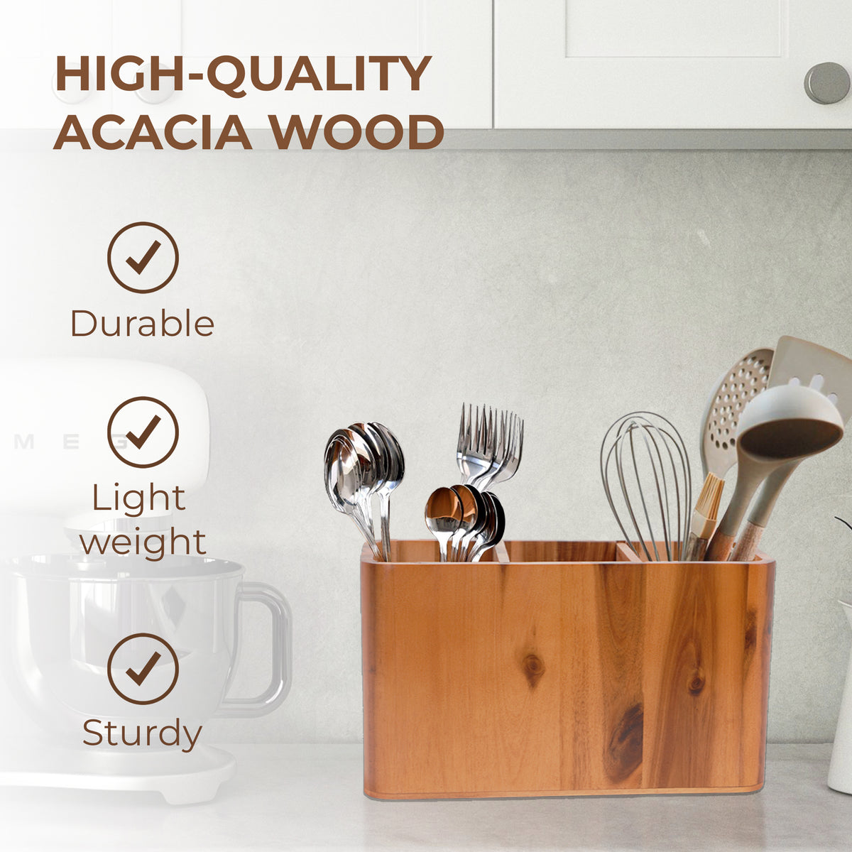 Solid Wood Kitchen Utensil Holder - Farmhouse Countertop Cooking Tool Caddy