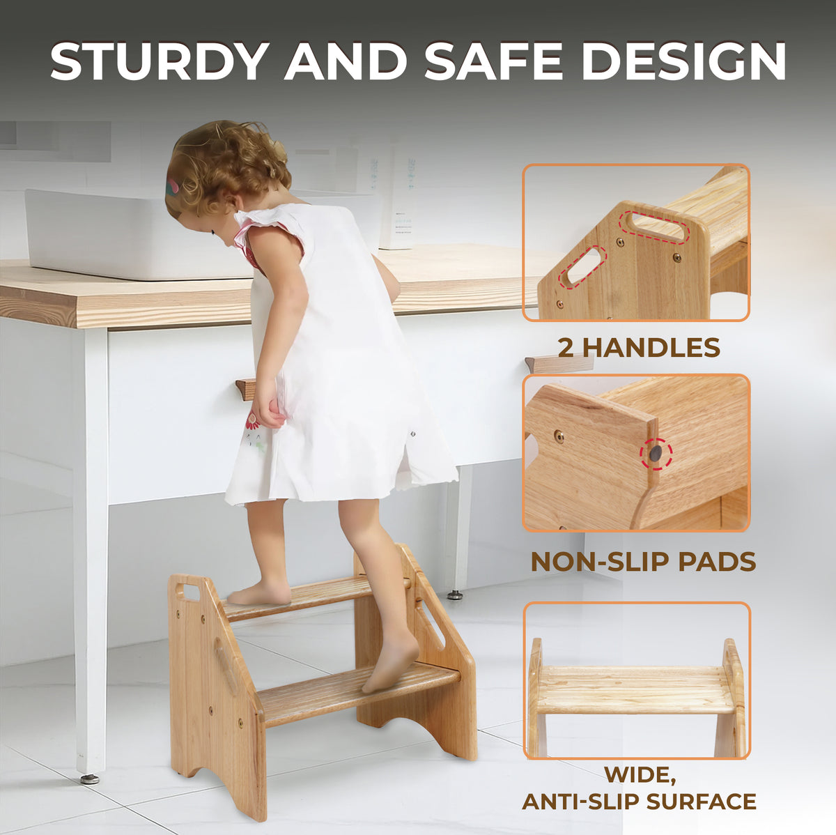 2-Tier Wooden Step Stool - Solid Hardwood Dual Height Stool for Kids & Adults (Holds up to 300 lbs)