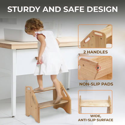 2-Tier Wooden Step Stool - Solid Hardwood Dual Height Stool for Kids & Adults (Holds up to 300 lbs)