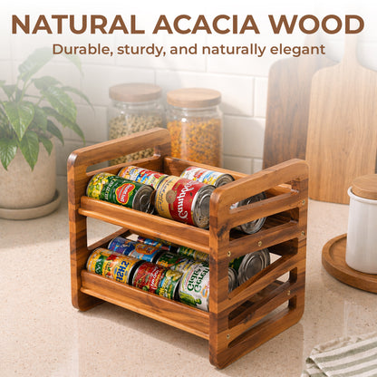 Rolling Can Organizer Rack - Solid Wood Gravity Feed Beverage Dispenser
