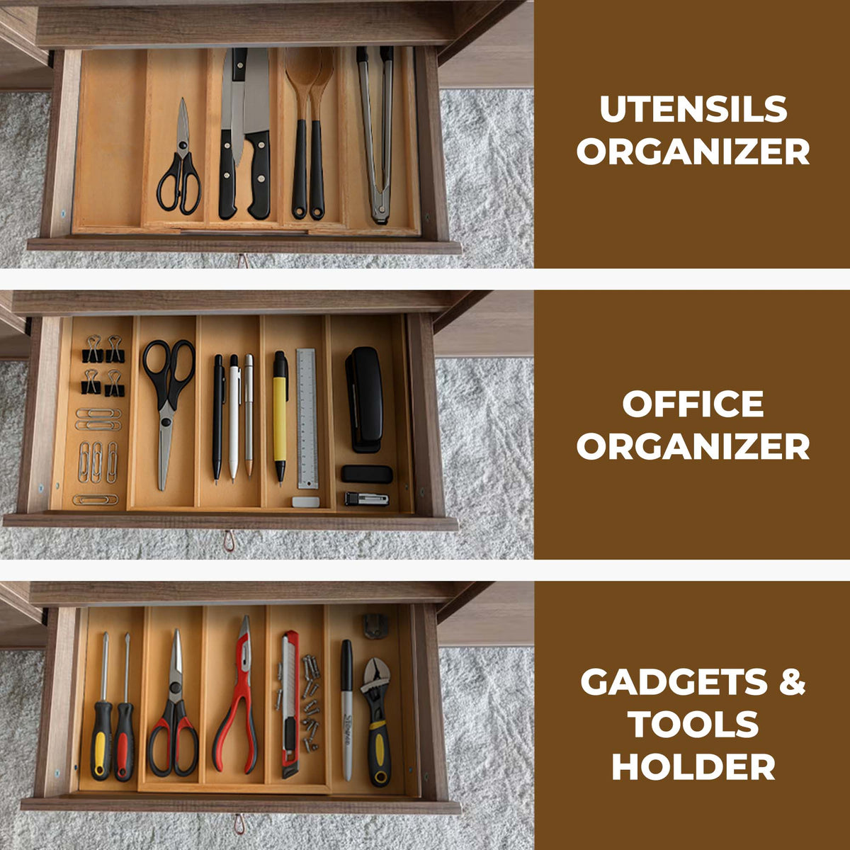 Solid Wood Utensil Drawer Organizer Tray - Multi-Compartment Cutlery & Silverware Divider