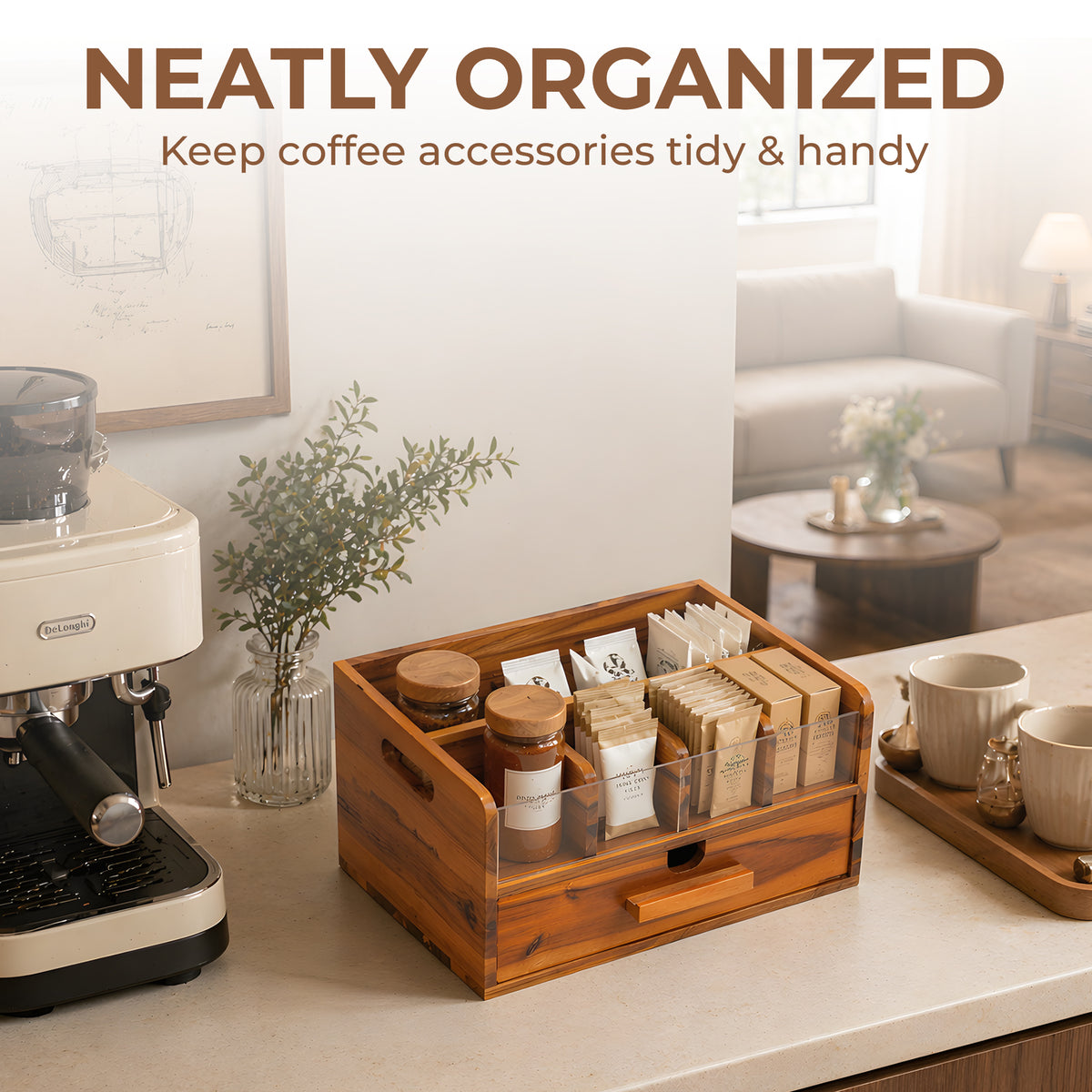 Rustic Wooden Coffee Bar Organizer - Countertop Coffee Station & Pod Caddy