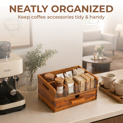 Rustic Wooden Coffee Bar Organizer - Countertop Coffee Station & Pod Caddy
