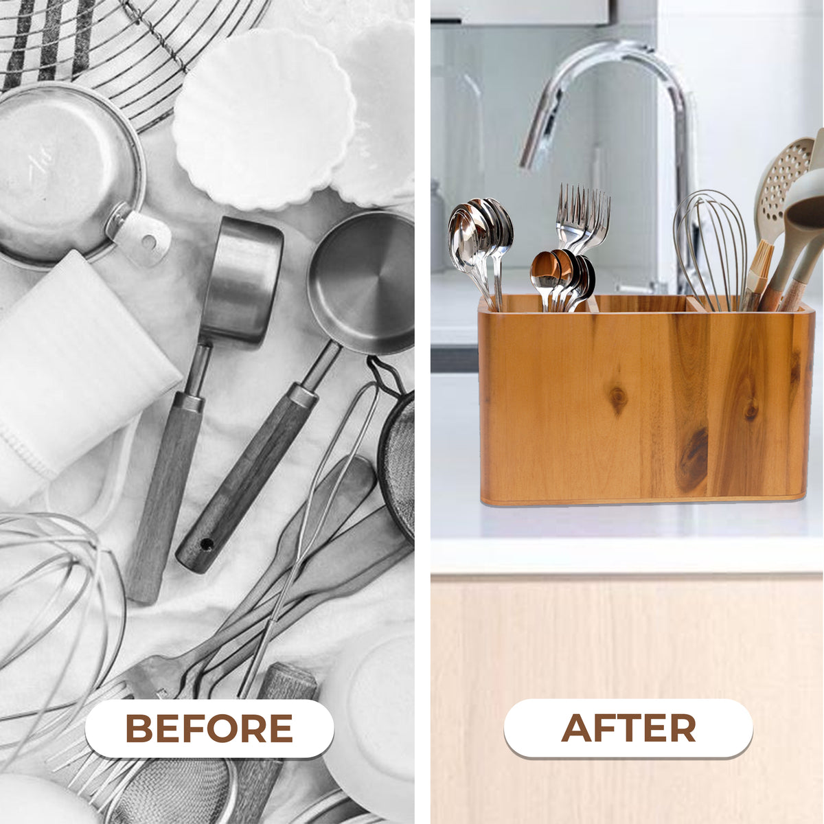 Solid Wood Kitchen Utensil Holder - Farmhouse Countertop Cooking Tool Caddy