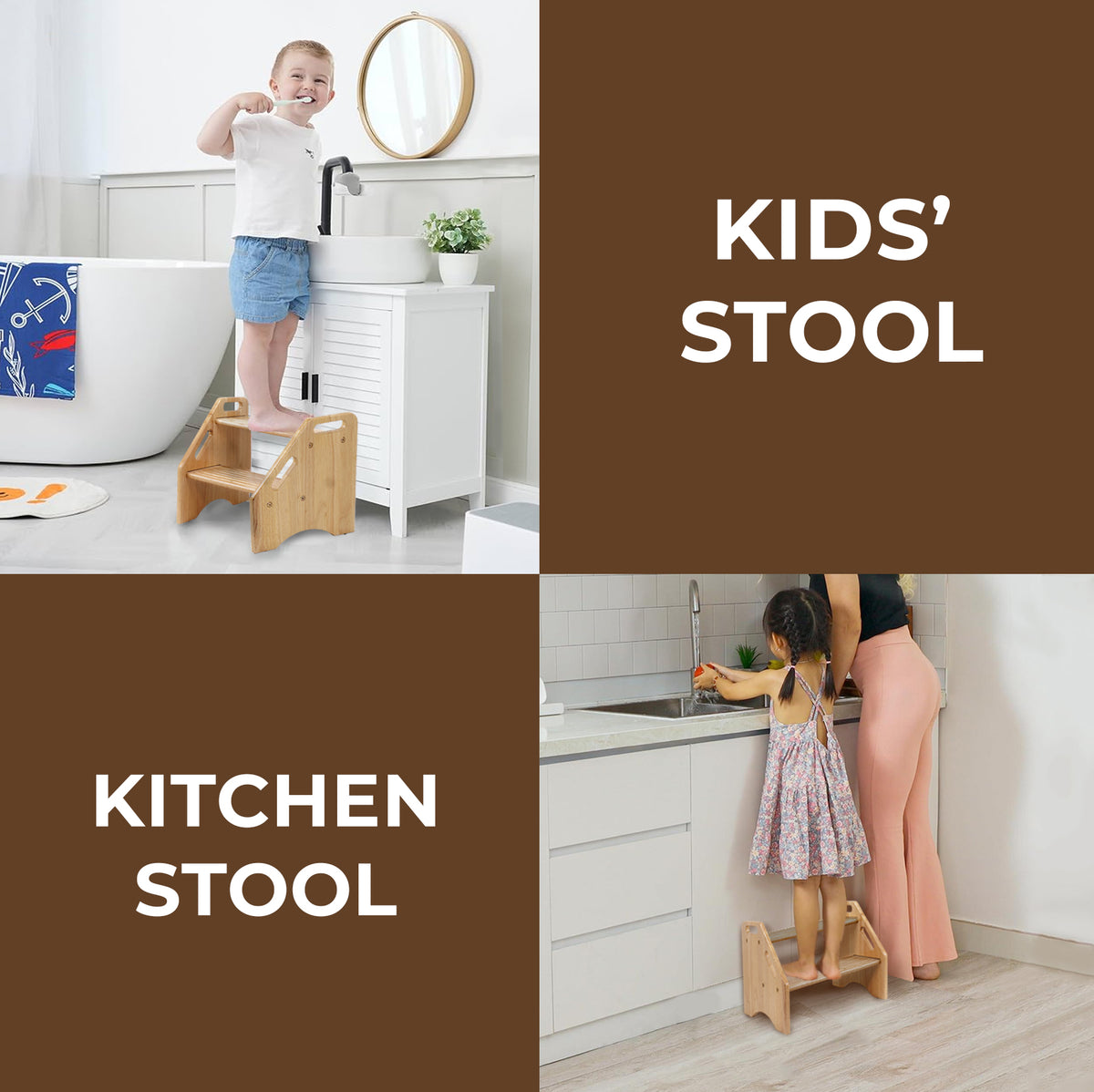 2-Tier Wooden Step Stool - Solid Hardwood Dual Height Stool for Kids & Adults (Holds up to 300 lbs)