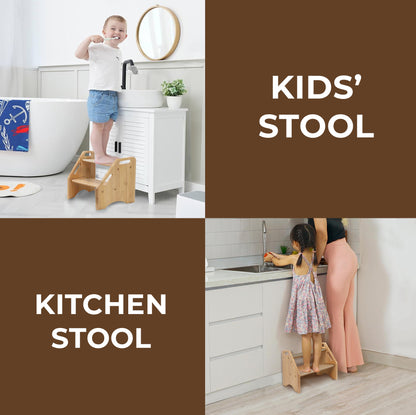 2-Tier Wooden Step Stool - Solid Hardwood Dual Height Stool for Kids & Adults (Holds up to 300 lbs)