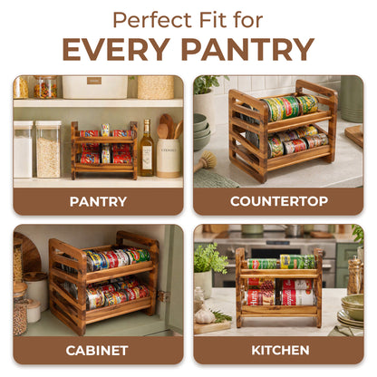 Rolling Can Organizer Rack - Solid Wood Gravity Feed Beverage Dispenser