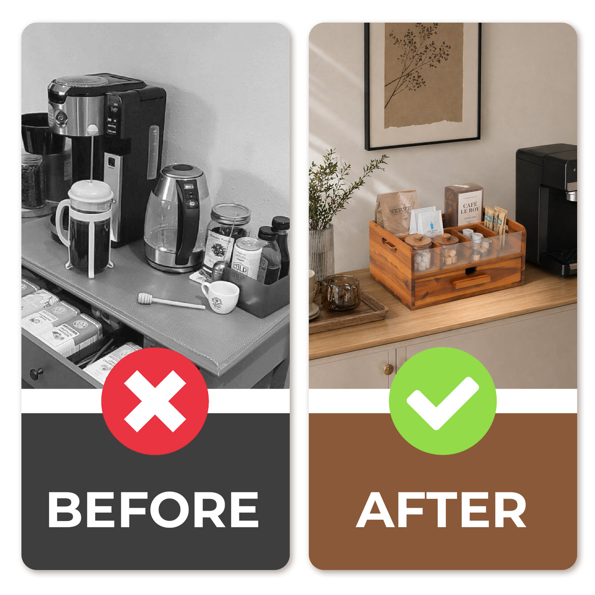 Rustic Wooden Coffee Bar Organizer - Countertop Coffee Station & Pod Caddy