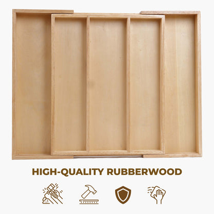 Solid Wood Utensil Drawer Organizer Tray - Multi-Compartment Cutlery & Silverware Divider