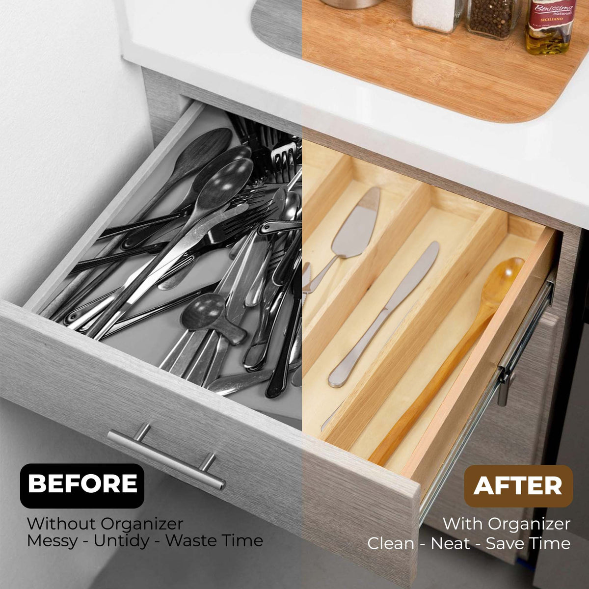 Solid Wood Utensil Drawer Organizer Tray - Multi-Compartment Cutlery & Silverware Divider